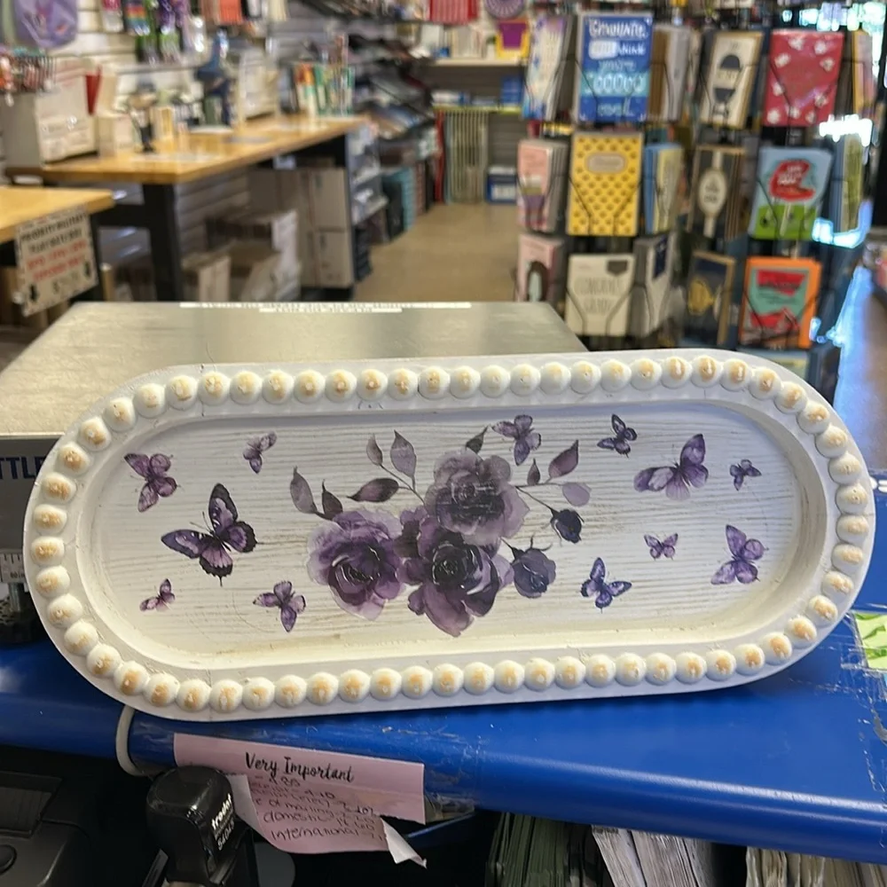 Decorative Purple Floral and Butterfly Tray- Set of 2
